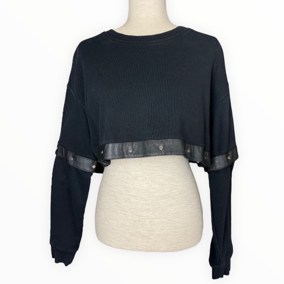 Diesel Convertible Black Sweatshirt with Faux Leather Trim and Silver Snaps - Picture 3 of 12